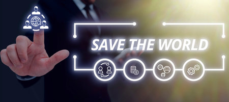 Text sign showing Save The WorldProtect the environment and the living species Ecosystem. Business overview Protect the environment and the living species Ecosystem Adult Holding Tablet And Drawingの写真素材