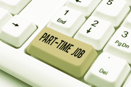 Text caption presenting Part Time Job. Conceptual photo Working a few hours per day Temporary Work Limited Shifts Businessman Holding Speech Bubble With Important Informations.の写真素材