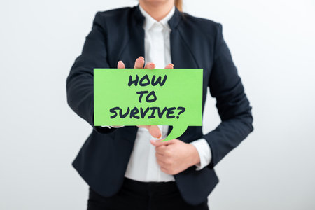 Conceptual display How To Survive. Business idea Recommendations to have a safe adventure nature trip Businesswoman Holding Cellphone And Presenting Important Informations.の写真素材