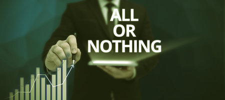 Writing displaying text All Or Nothing. Business approach To get or lose everything no middle points accepted Businessman Holding Mobile Phone And Speech Bubble Popping Out With Ideas.の写真素材