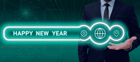 Hand writing sign Happy New Year. Internet Concept Greeting Celebrating Holiday Fresh Start Best wishes Man With A Pad Pointing On A Light Bulb Sharing Tips And Concepts.の写真素材