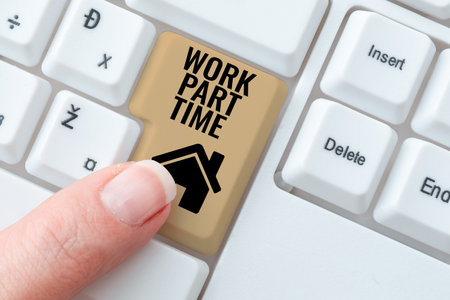 Inspiration showing sign Work Part Time. Internet Concept A job that is not permanent but able to perform well Woman Wearing Vr Glasses And Presenting Important Messages Over One Hand.の写真素材