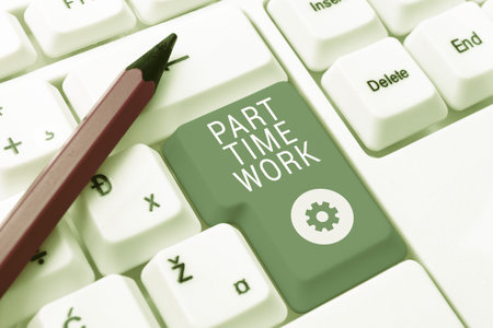 Text caption presenting Part Time Work. Concept meaning A job that is not permanent but able to perform well Boy Presenting Important Informations On Presentation Board.の写真素材