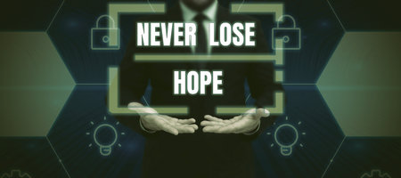 Hand writing sign Never Lose Hope. Business overview Be positive optimistic have motivation to keep going Colleagues Sharing Thoughts Together With Speech Bubbles And Assorted Sの写真素材