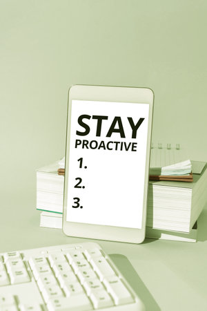 Inspiration showing sign Stay ProactiveTaking own decision to go ahead of anticipated events. Internet Concept Taking own decision to go ahead of anticipated events Businessman Pointing Importantの写真素材