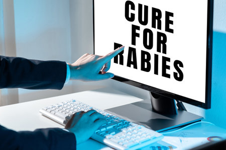 Text showing inspiration Cure For Rabies. Internet Concept Vaccination medicines to fight against illness lethal virus Woman Holding Pen And Placard Advertising Business For Growth.の写真素材