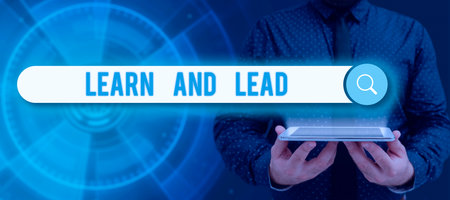 Writing displaying text Learn And Lead. Conceptual photo Improve the skills and knowledge to fit for the leadership Businesswoman With Tablet Presenting S And Hexagon With Strategies.の写真素材