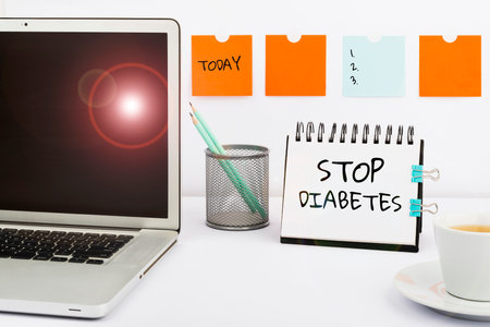 Hand writing sign Stop Diabetes. Business idea Take care of your Sugar Levels Healthy Diet Nutrition Habits Lady in suit holding pen symbolizing successful teamwork accomplishments.の写真素材