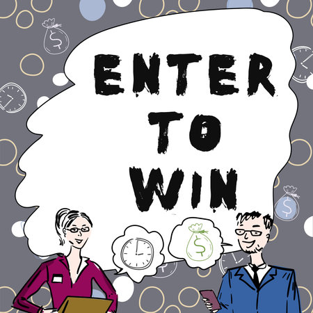 Hand writing sign Enter To Win. Business overview Sweepstakes Trying the luck to earn the big prize Lottery Chat Bubbles And Explosive Frame Representing Social Media Communication.の写真素材