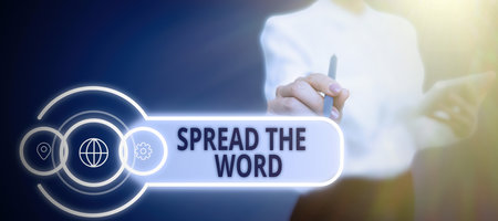 Conceptual caption Spread The Word. Word for Communicate the news to everybody Make something popular Man Wearing Vr Glasses Andpresenting Important Messages Between Hands.の写真素材