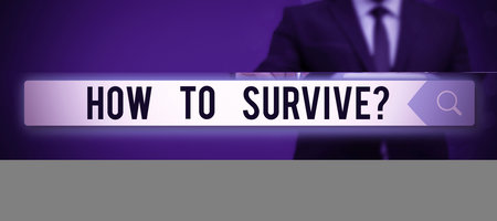 Writing displaying text How To Survive. Business overview Recommendations to have a safe adventure nature trip Man pointing finger holding trophy cheering reaching project success.の写真素材