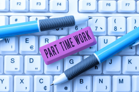 Hand writing sign Part Time Work. Concept meaning A job that is not permanent but able to perform well Lady in suit holding pen symbolizing successful teamwork accomplishments.の写真素材