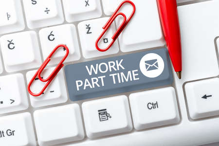 Text sign showing Work Part Time. Internet Concept A job that is not permanent but able to perform well Man Holding Tablet And Pen Pointing On Search Bar And Presenting New Ideas.の写真素材