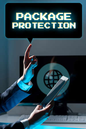 Text caption presenting Package ProtectionWrapping and Securing items to avoid damage Labeled Box. Conceptual photo Wrapping and Securing items to avoid damage Labeled Boxの写真素材