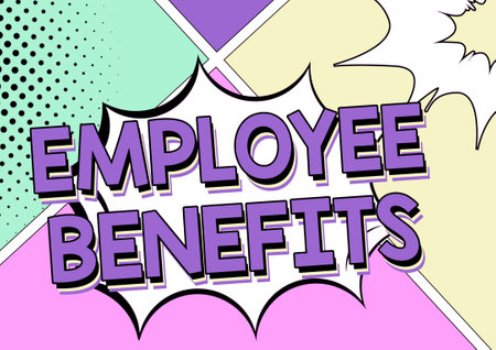 Text caption presenting Employee BenefitsIndirect and noncash compensation paid to an employee. Business concept Indirect and noncash compensation paid to an employeeの写真素材