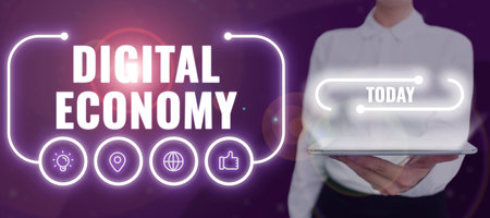 Writing displaying text Digital Economy worldwide network of economic activities and technologies. Business idea worldwide network of economic activities and technologiesの写真素材