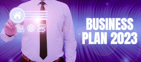 Conceptual caption Business Plan 2023 Challenging Business Ideas and Goals for New Year. Word...