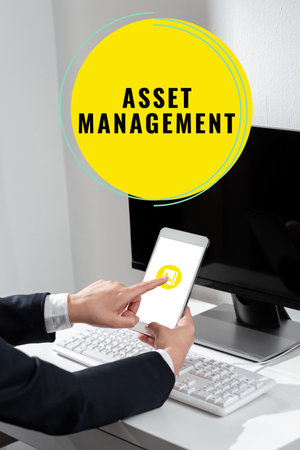 Sign displaying Asset Managementsystematic process of operating and disposing of assets. Business concept systematic process of operating and disposing of assetsの写真素材