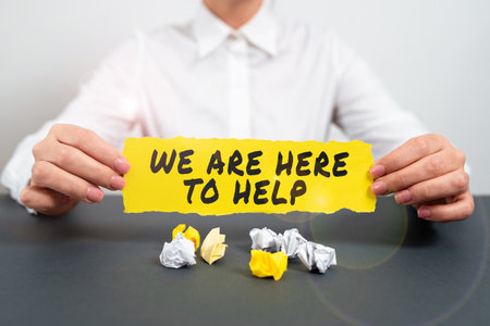 Inspiration showing sign We Are Here To Help. Concept meaning Someone who is always ready to Assist Support Giveの写真素材