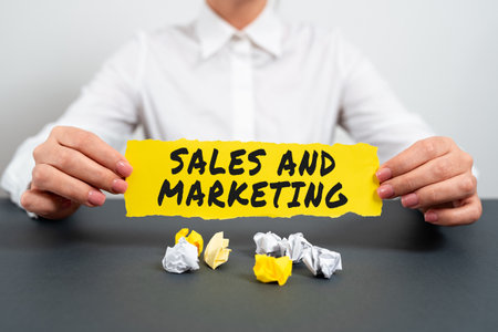 Text showing inspiration Sales And Marketing. Conceptual photo Promotion Selling Distribution of Goods or Servicesの写真素材