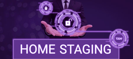 Conceptual display Home Staging. Word for Act of preparing a private residence for sale in the...