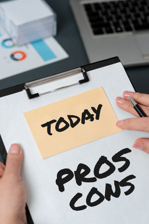 Conceptual caption Pros Cons. Business overview The favorable and unfavorable factors or reasons of...