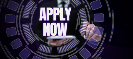 Text showing inspiration Apply Now. Business idea An act of a person to acquire the job related to...