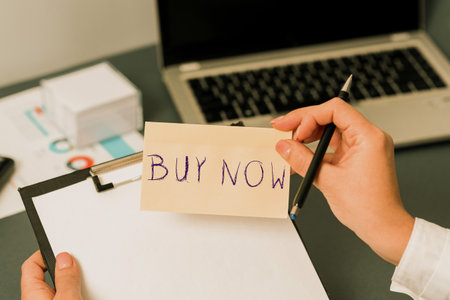 Text caption presenting Buy Now. Conceptual photo asking someone to purchase your product Provide good Discountの写真素材