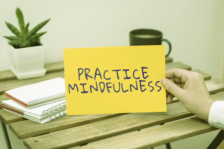 Handwriting text Practice Mindfulness. Business overview achieve a State of Relaxation a form of Meditationの写真素材