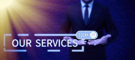 Conceptual caption Our Services. Word for The occupation or function of serving Intangible productsの写真素材