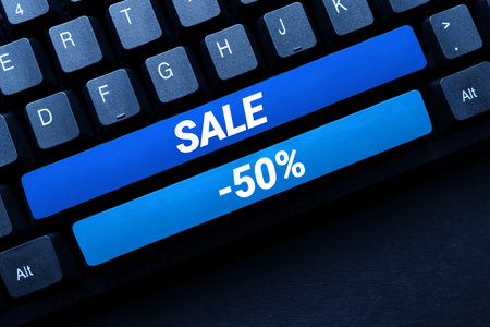 Sign displaying Sale 50. Conceptual photo A promo price of an item at 50 percent markdownの写真素材