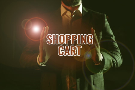 Conceptual display Shopping Cart. Business idea Case Trolley Carrying Groceries and Merchandiseの写真素材