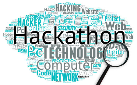Big word cloud with hakathon words with magnifying glass. Create functioning software or hardware by...