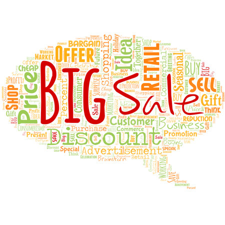 Big word cloud in the shape of chat box with words big sale. Putting products on high discount Great price Black Fridayのイラスト素材