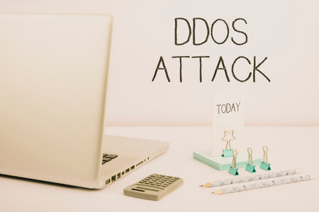 Text caption presenting Ddos Attack. Business idea disturbed access to the normal server caused by...