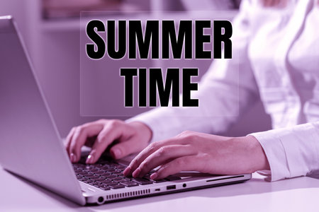 Writing displaying text Summer Time. Conceptual photo the hottest season of the year characterized by short nightsの写真素材