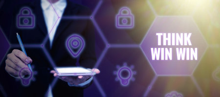 Text showing inspiration Think Win Win. Concept meaning Business Strategy Competition Challenge Way to be successの写真素材