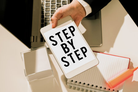 Conceptual caption Step By Step. Concept meaning Slow progress Road to success Direction development...