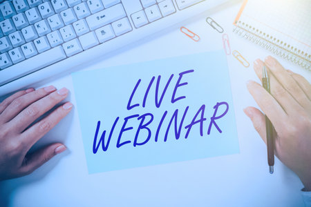 Text caption presenting Live Webinar. Word for Interactive seminar transmitted over the web Real Timeの写真素材
