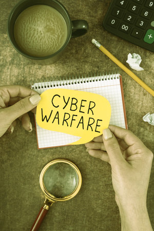 Text caption presenting Cyber Warfare. Business approach Virtual War Hackers System Attacks Digital...