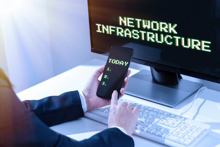 Text showing inspiration Network Infrastructure. Internet Concept Hardware and Software resources In and Out Connectionの写真素材