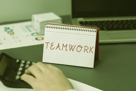 Text caption presenting Teamwork. Business overview Group of showing who work together as one and with the same aimの写真素材