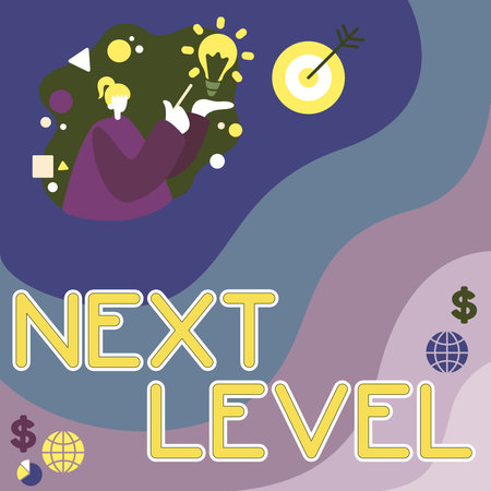 Writing displaying text Next Level. Business overview having more than one floor and referring to after currentの写真素材