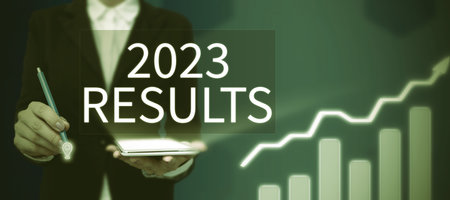 Text caption presenting 2023 Results. Word Written on any outcome of an action or event that happens...
