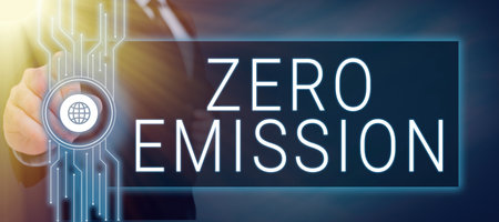 Text caption presenting Zero Emission. Word for refers to an engine that emits no atmospheric...
