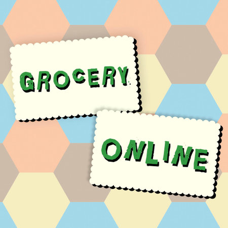 Hand writing sign Grocery Online. Internet Concept digital version of supermarket accepting online orderingの写真素材