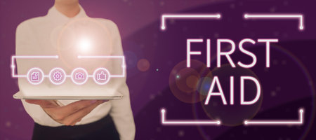 Sign displaying First Aid. Conceptual photo Practise of healing small cuts that no need for medical trainingの写真素材