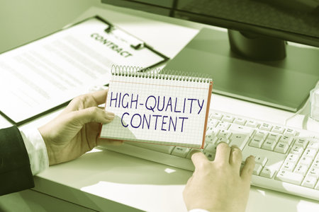 Conceptual display High Quality Content. Word Written on Website is Useful Informative Engaging to audienceの写真素材