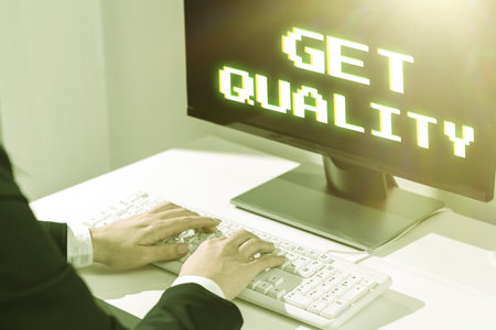 Inspiration showing sign Get Quality. Business showcase features and characteristics of product that satisfy needsの写真素材