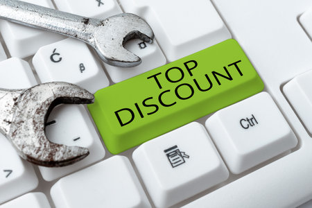 Writing displaying text Top Discount. Word for Best Price Guaranteed Hot Items Crazy Sale Promotionsの写真素材